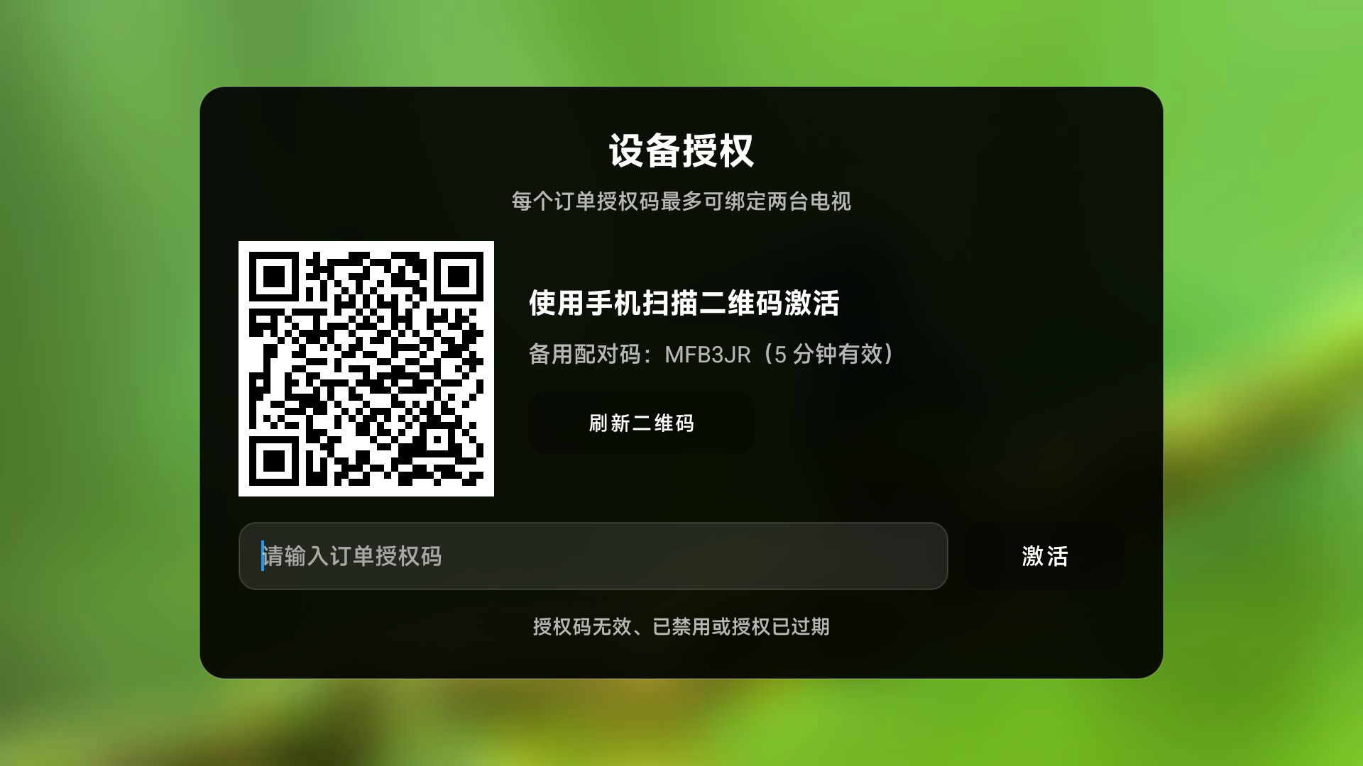 电视端设备授权页面，包含二维码、备用配对码和授权码输入框